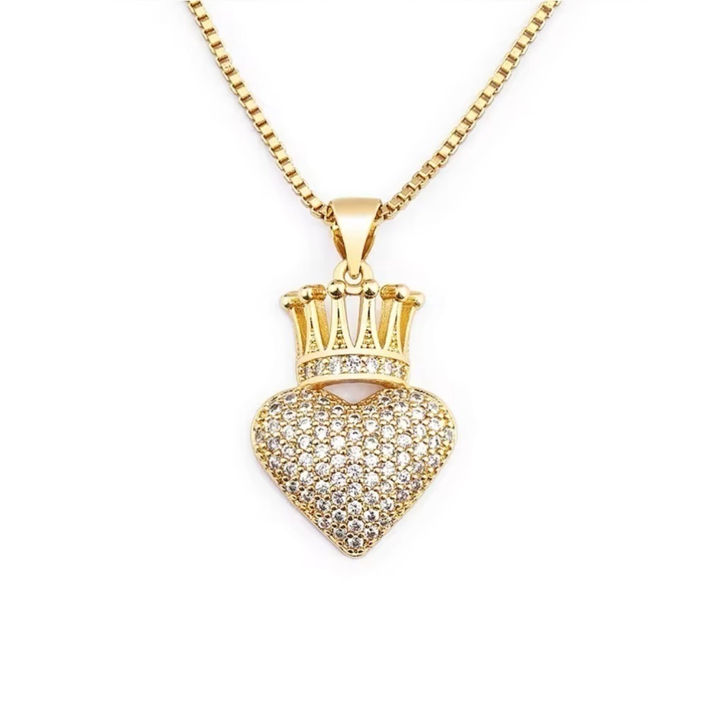 18K Gold Heart & Crown Pendant Necklace With Pave Diamond Inlay - Picture 9 of 14
